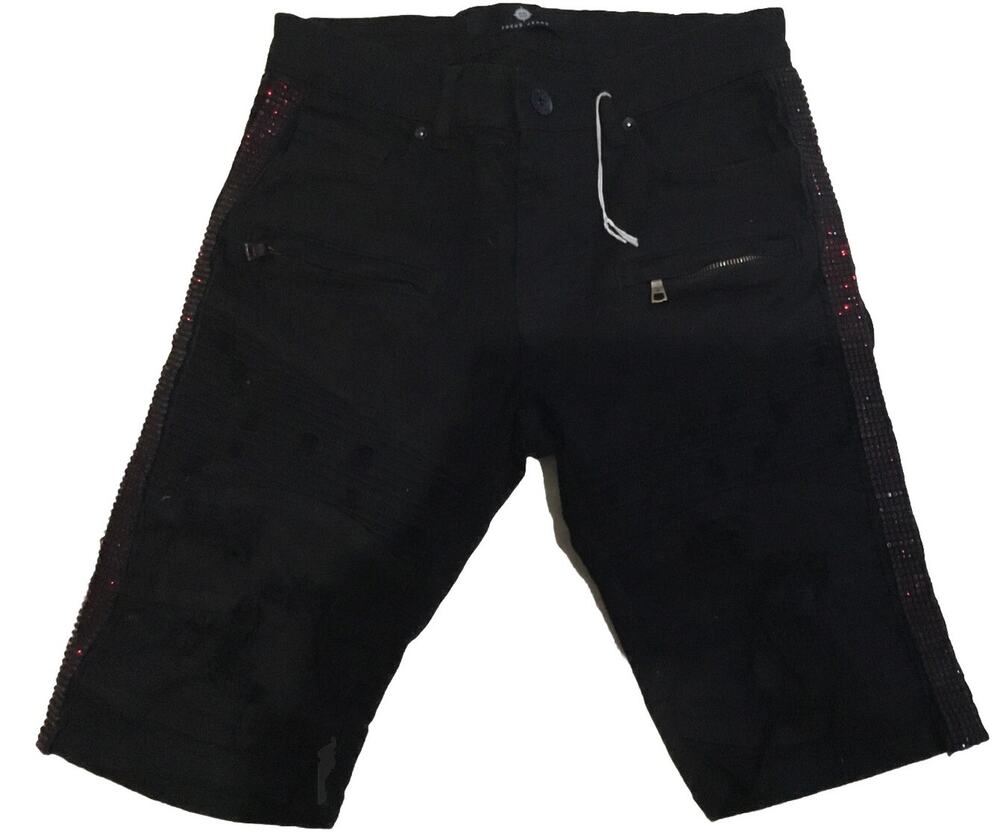 Focus Black Denim Moto Shorts Rhinestone Sz 30